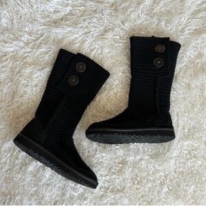 Ugg Cardy Black Knit Suede Leather Tall Boots Sz 6 Women’s 4(Big Girl)
